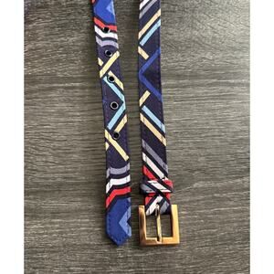 Blue Multi Color Geometric Colorful Thin Slim Womens Belt Gold Tone Buckle Sz 14